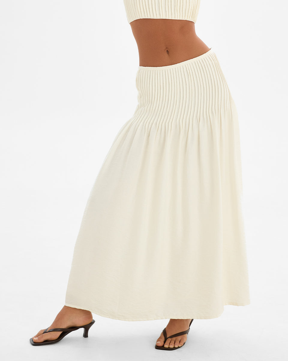 Lopez Pleats Midi Skirt – White Textured | Linen Blend Midi Skirt
