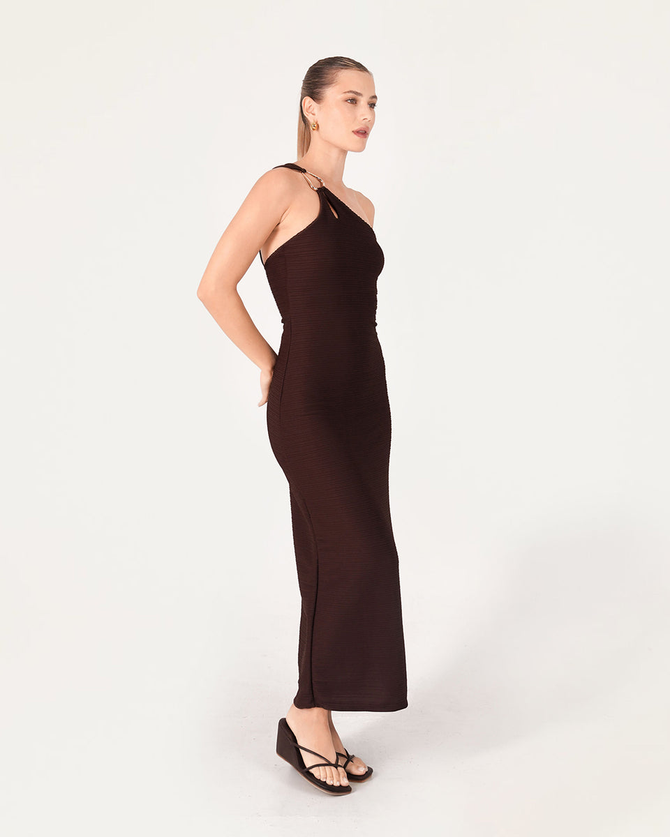 kaia dress brown Side Tie Textured Jersey Midi Dress. Style TR2139O-8151 – PackersFashion main image 1