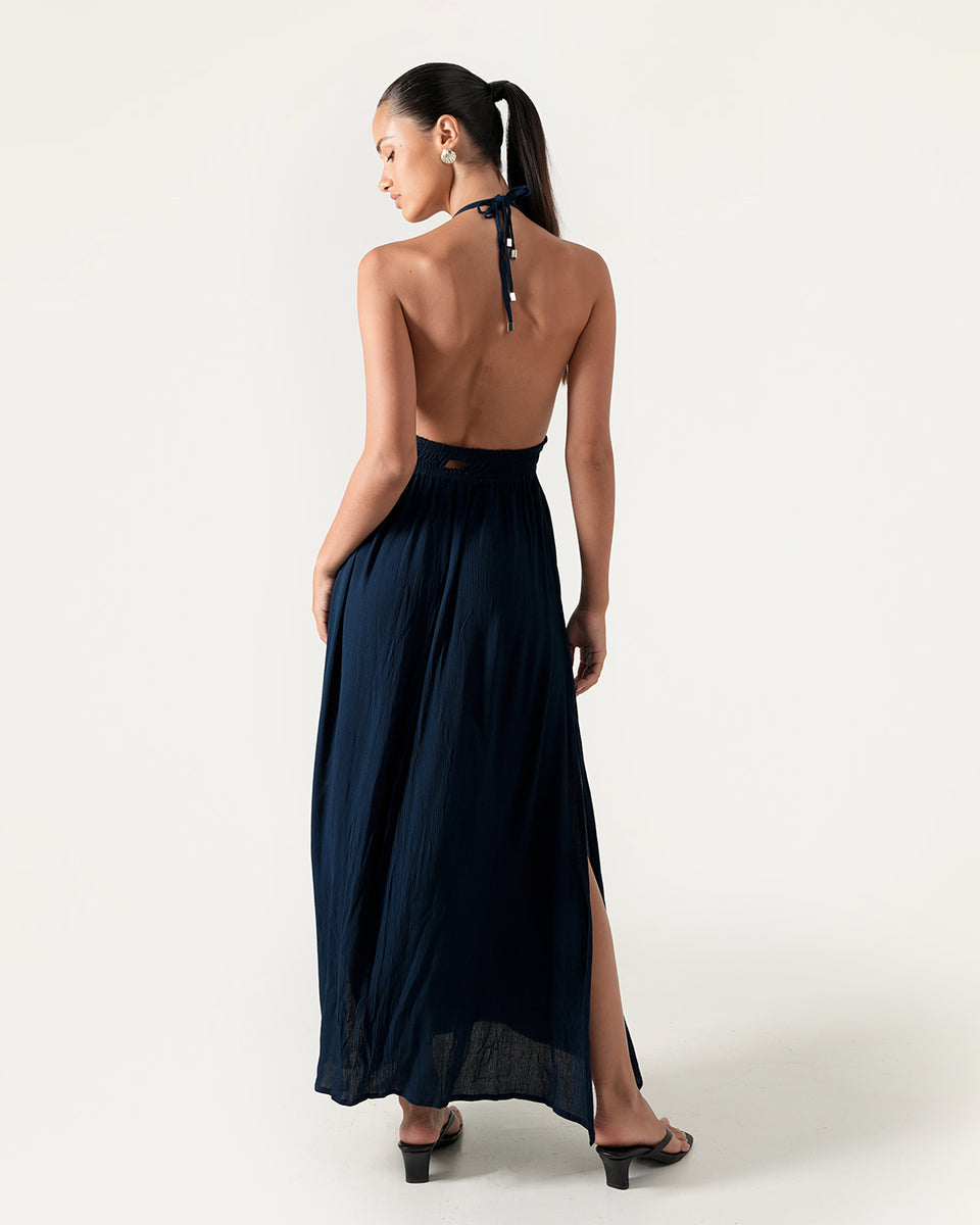 sachin and babi light blue dress Navy blue halter neck long dress with stone details