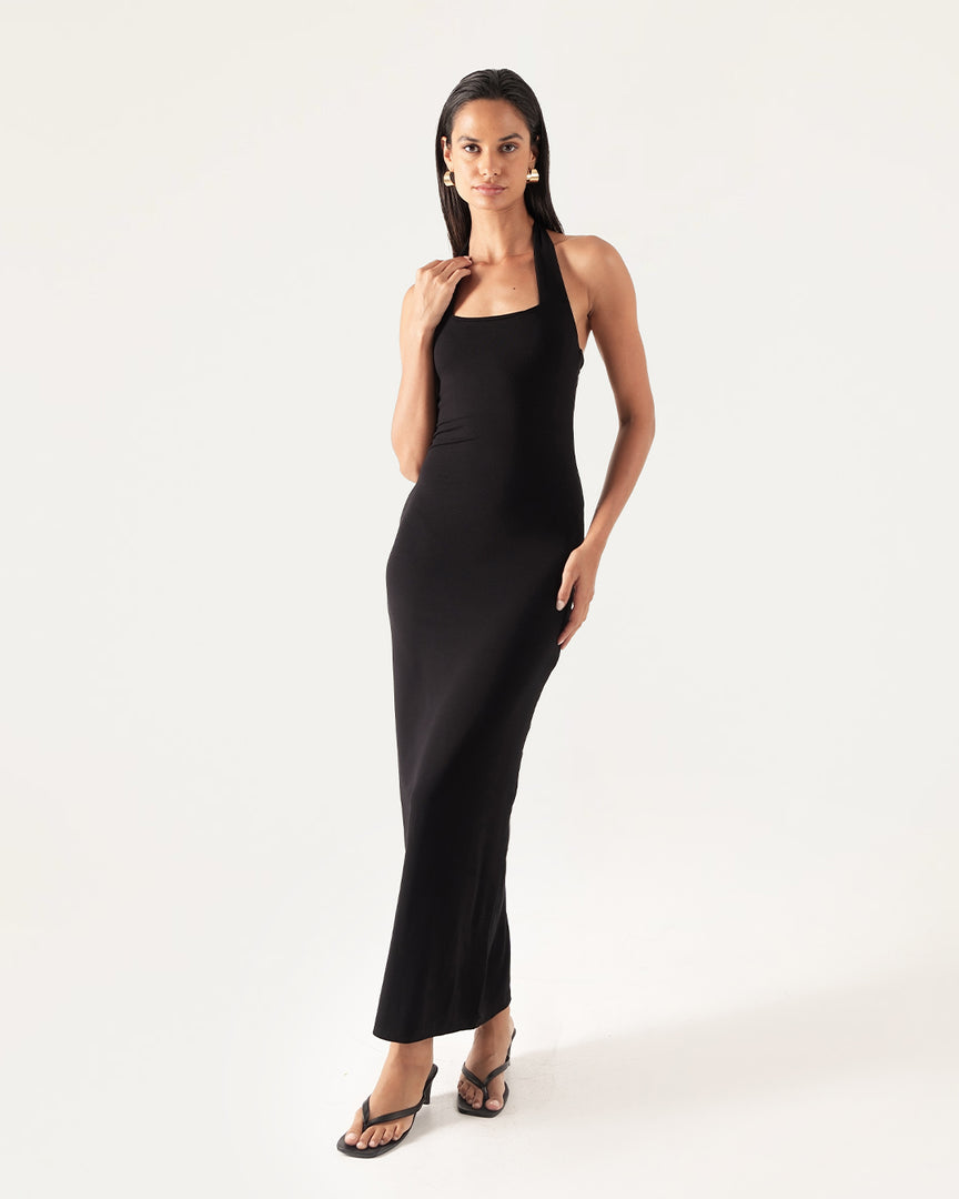 black summer halter dress Briala | Black Halter-Neck Wrapped Mini Dress With Gold-Detail